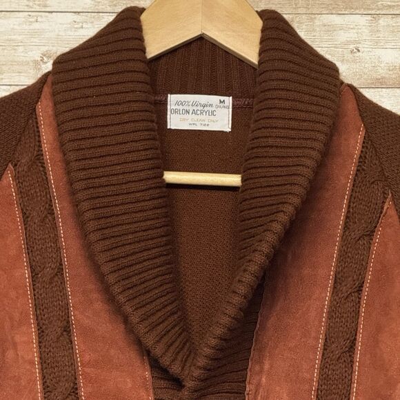 1970s Vintage Brown w Red Suede Front Shawl Cardigan RETRO M Old Grandpa Hipster - Picture 2 of 15